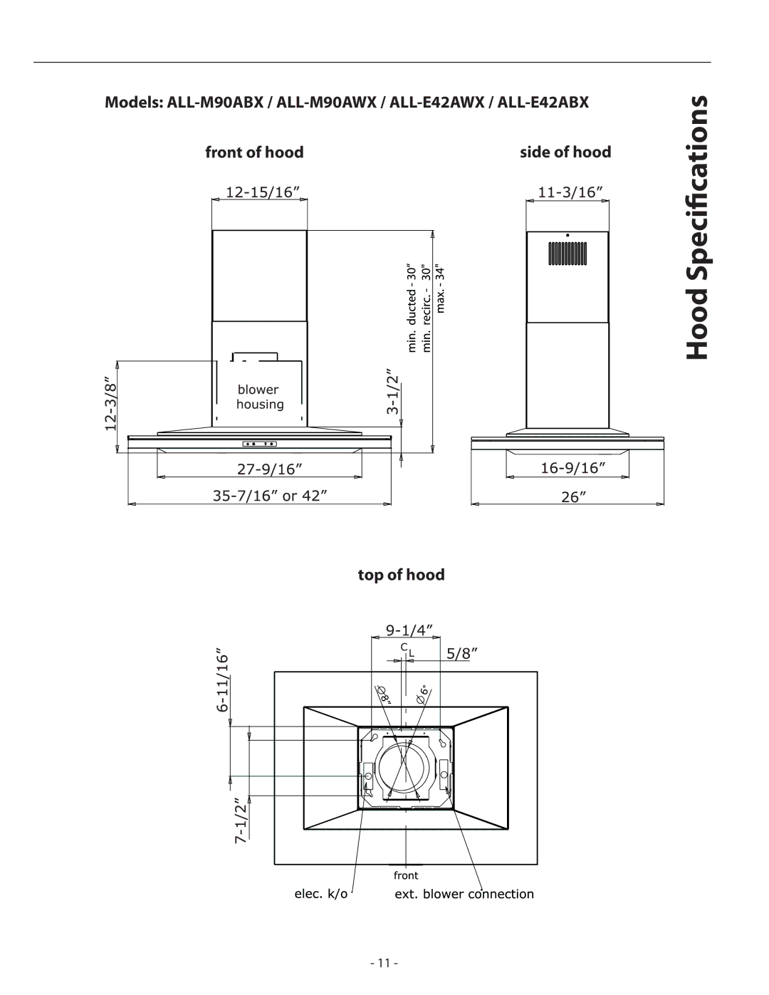 Zephyr ALL-E42AW X, ALL-E42ABX, ALL-M90ABX, ALL-M90AW X installation instructions Hood Specifications 