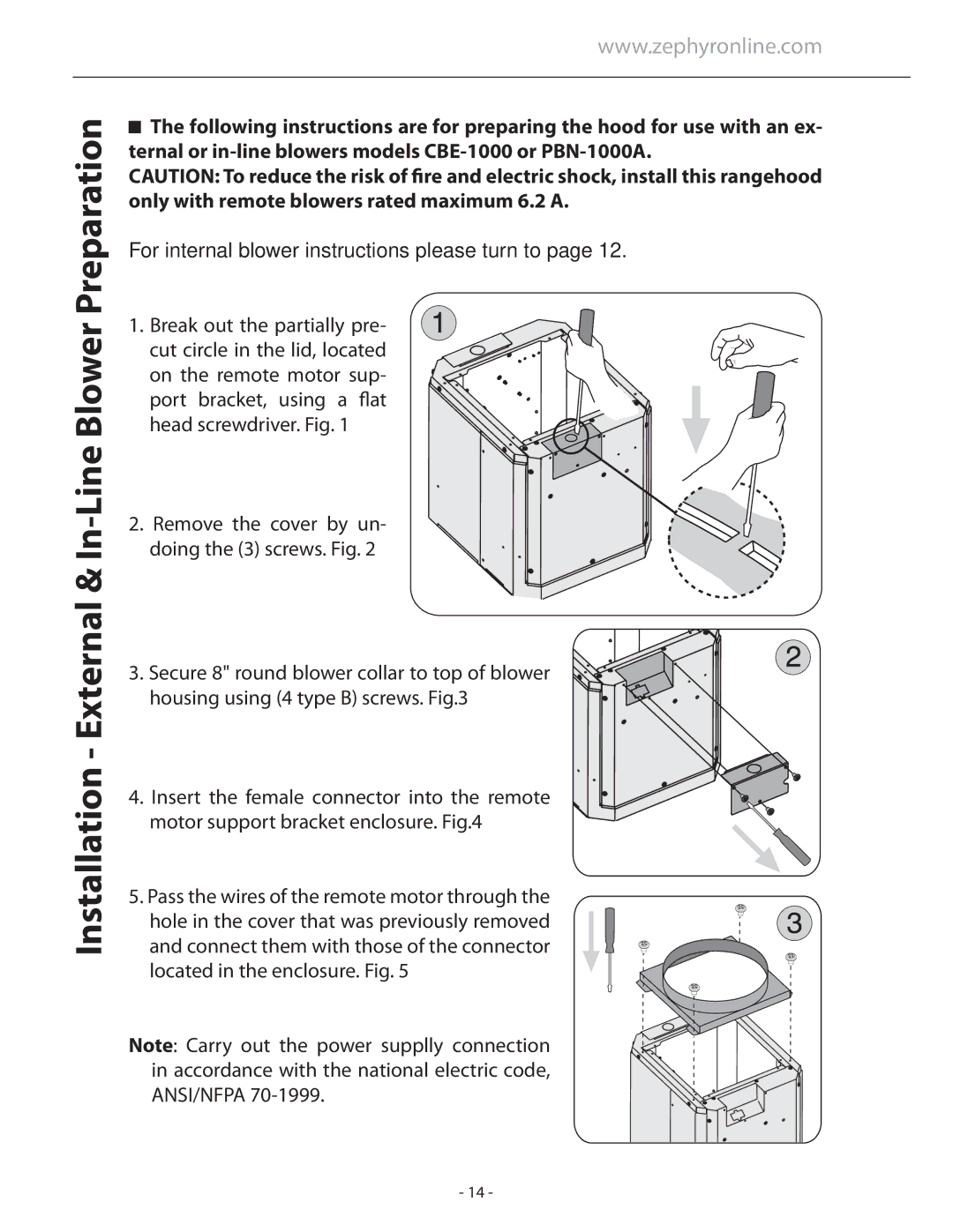 Zephyr ALL-M90AW X, ALL-E42ABX, ALL-M90ABX, ALL-E42AW X Installation External & In-Line Blower Preparation 