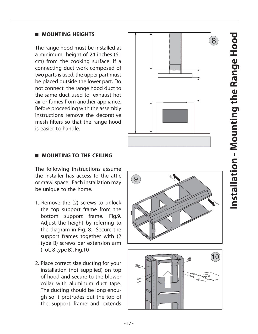 Zephyr ALL-M90ABX, ALL-E42ABX, ALL-M90AW X, ALL-E42AW X Mounting the Range Hood, Mounting Heights, Mounting to the Ceiling 