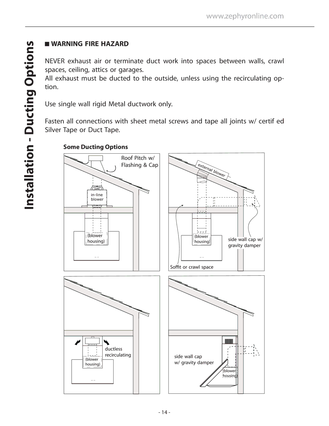 Zephyr APN-M90AWX, APN-M90ABX installation instructions Installation Ducting Options 