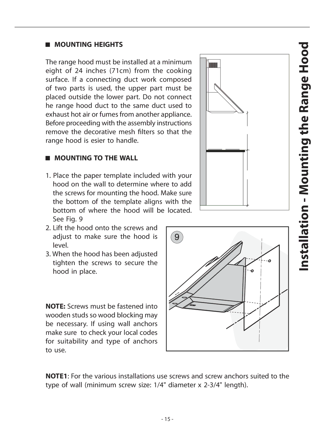 Zephyr APN-M90ABX, APN-M90AWX installation instructions Hood, Mounting Heights, Mounting to the Wall 