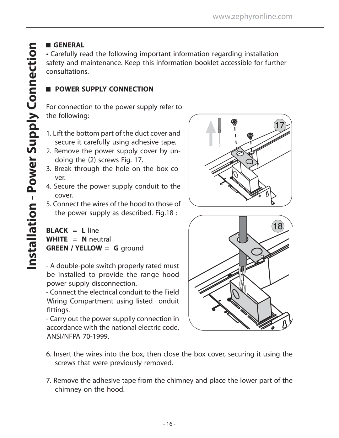 Zephyr APN-M90AWX, APN-M90ABX installation instructions Installation Power Supply Connection, General 