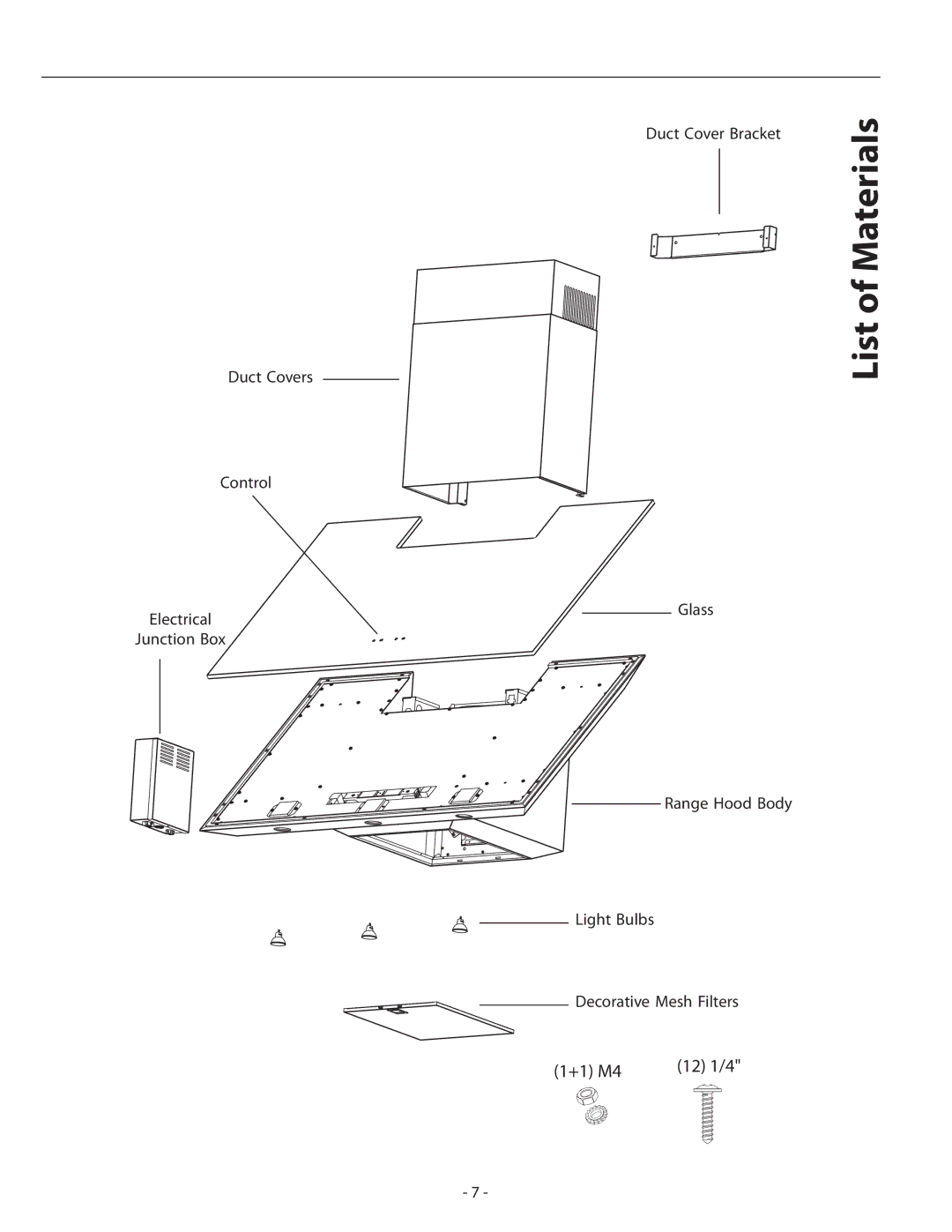 Zephyr APN-M90ABX, APN-M90AWX installation instructions List of Materials 