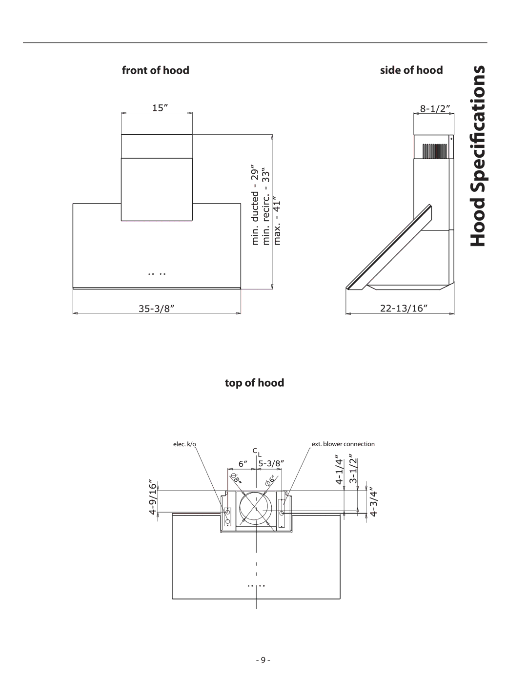 Zephyr APN-M90ABX, APN-M90AWX installation instructions Hood Specifications 