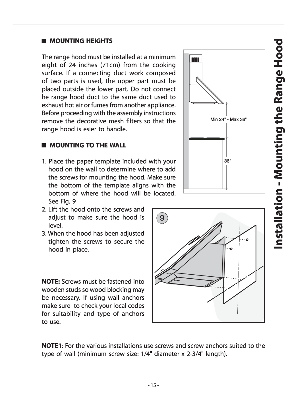 Zephyr APN-M90ABX, APN-M90AWX installation instructions Hood, Mounting Heights, Mounting To The Wall 