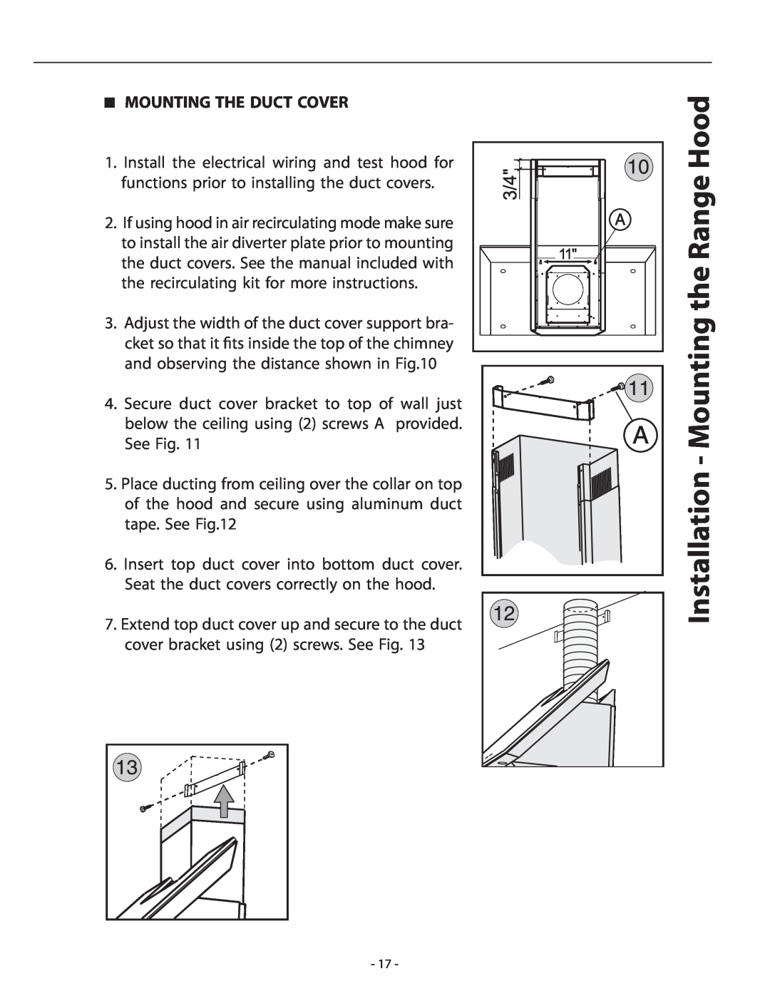 Zephyr APN-M90ABX, APN-M90AWX installation instructions Installation - Mounting the Range Hood, Mounting The Duct Cover 