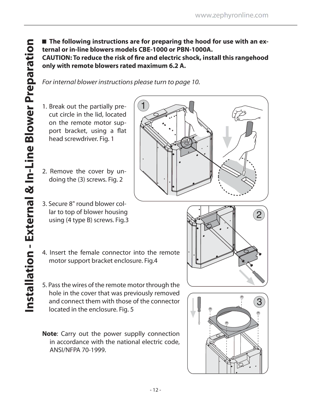 Zephyr ASL-E48ASX, ASL-E42ASX installation instructions Installation External & In-Line Blower Preparation 