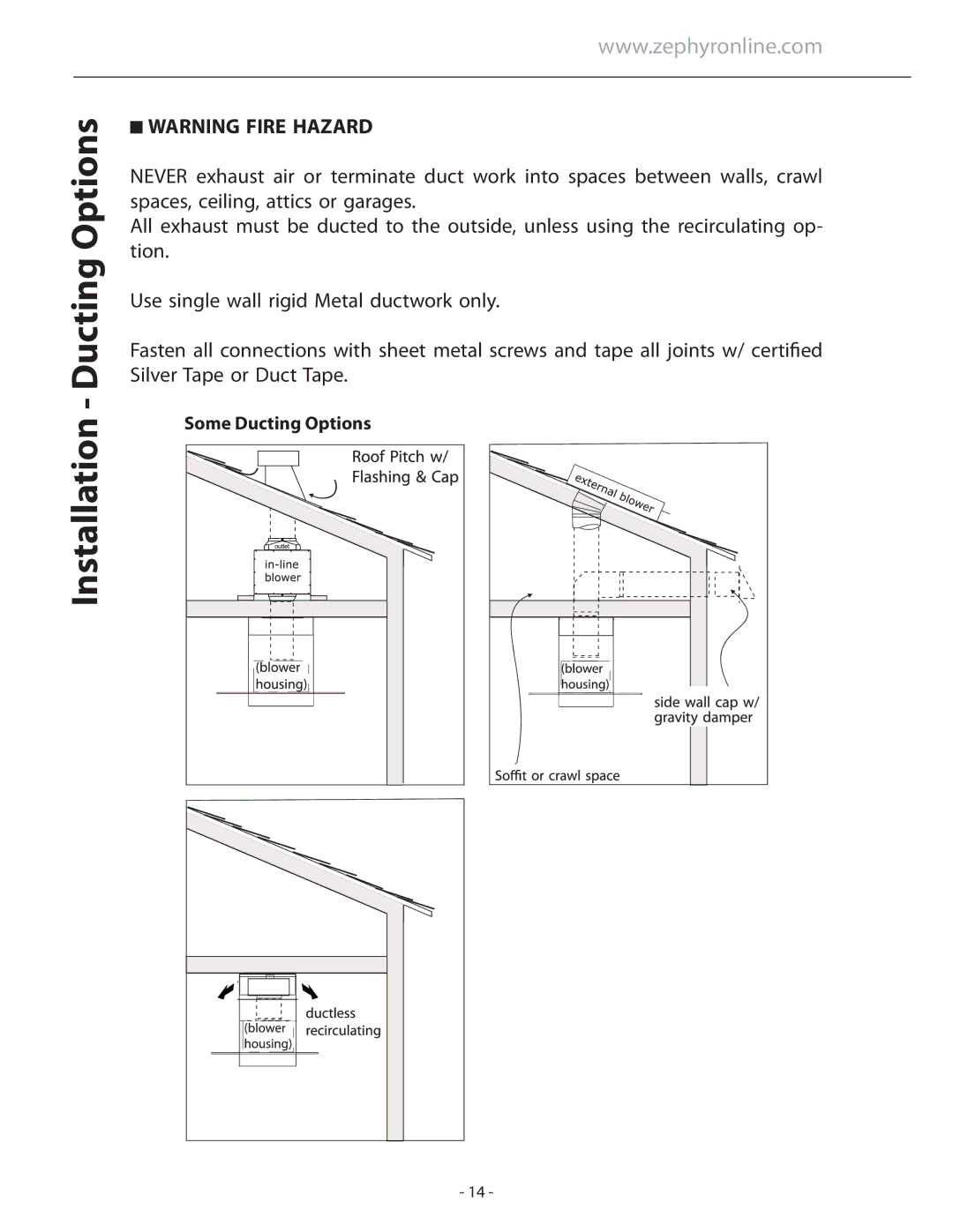 Zephyr ASL-E48ASX, ASL-E42ASX installation instructions Installation Ducting Options 