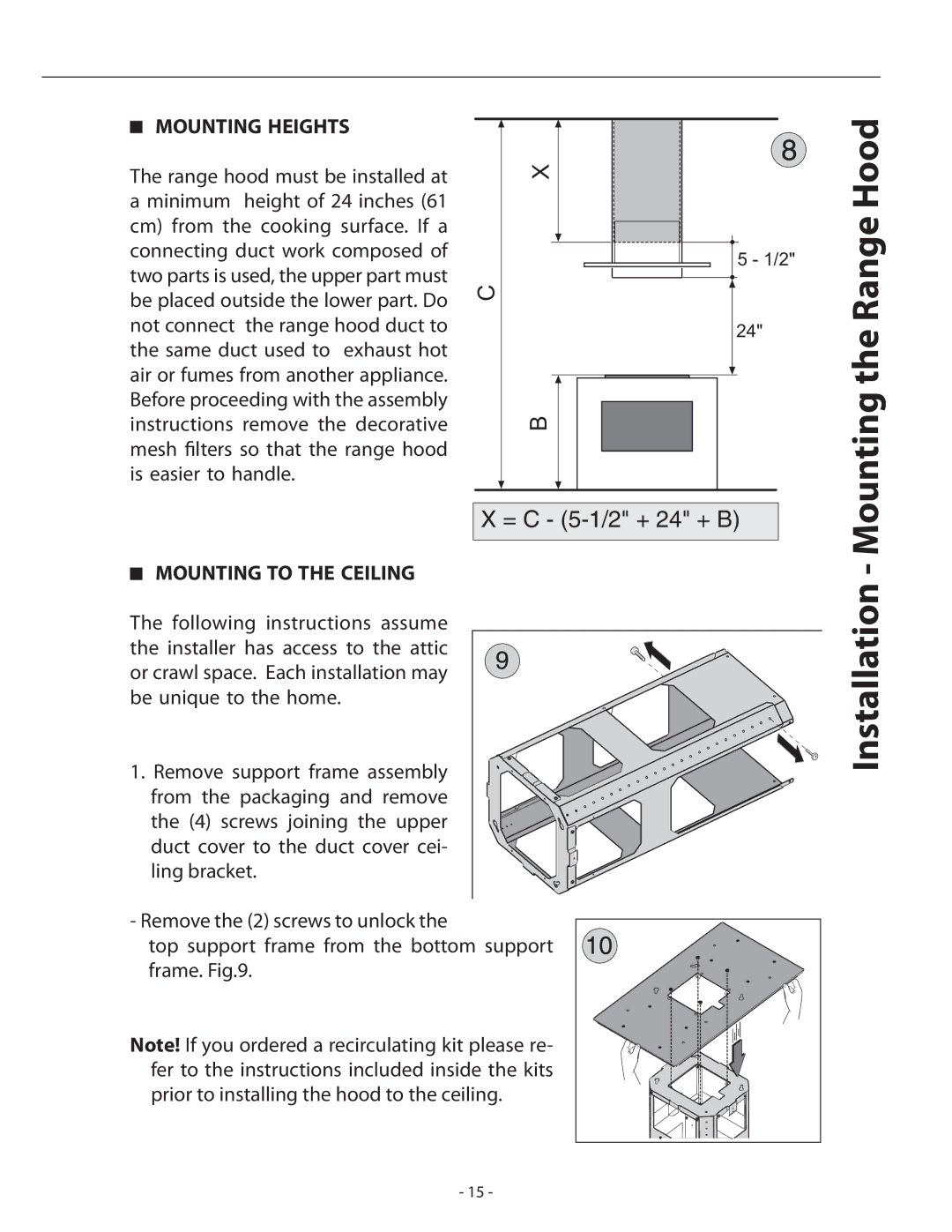 Zephyr ASL-E42ASX, ASL-E48ASX Mounting the Range Hood, Installation, Mounting Heights, Mounting to the Ceiling 