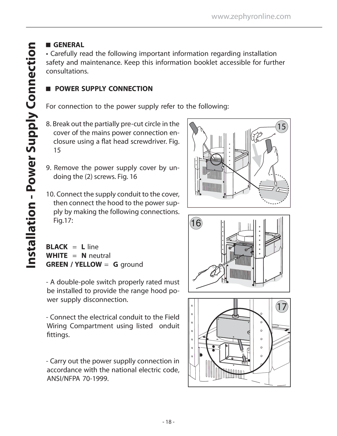 Zephyr ASL-E48ASX, ASL-E42ASX installation instructions Installation Power Supply Connection, General 