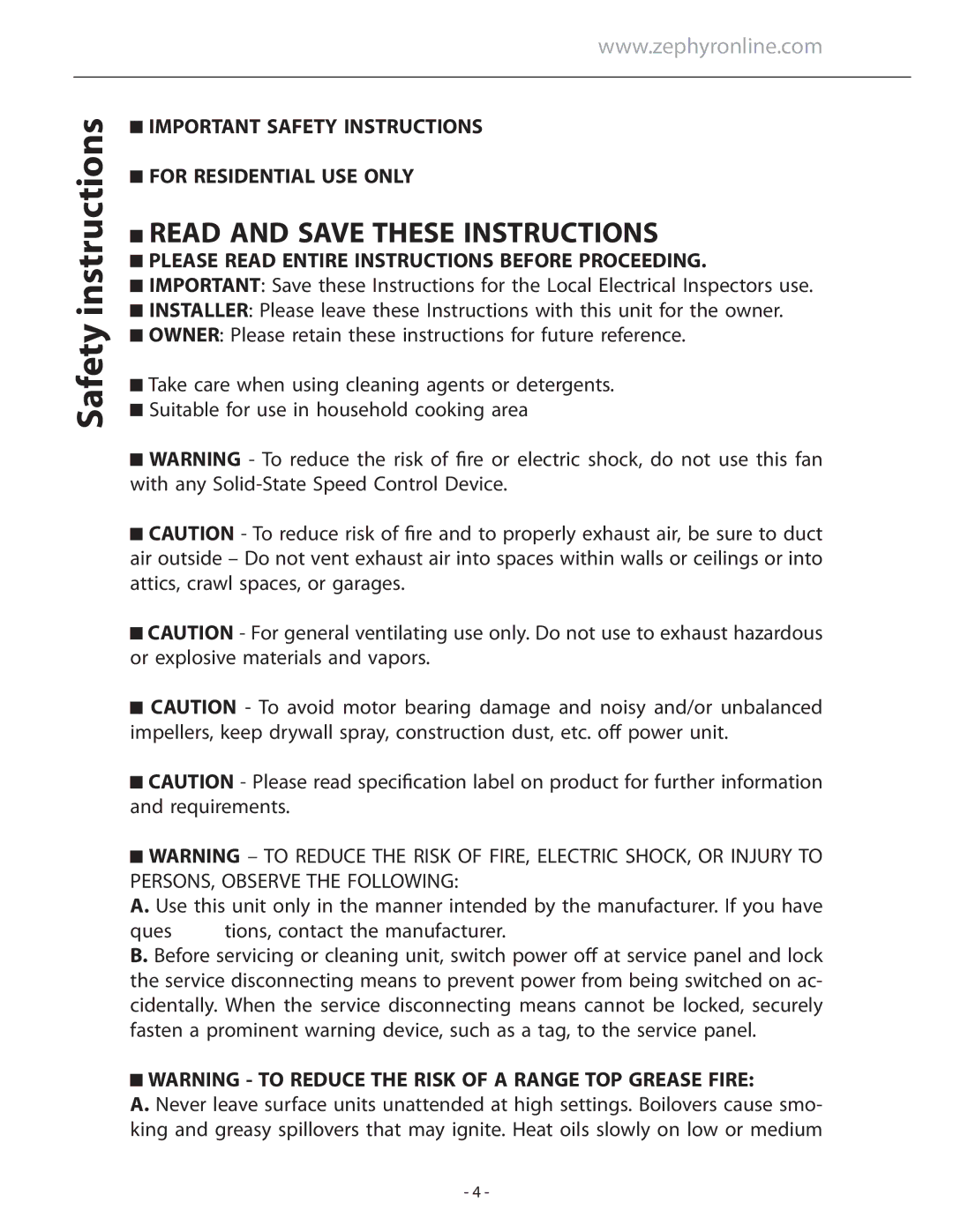 Zephyr ASL-E48ASX, ASL-E42ASX Safety instructions, Important Safety Instructions For Residential USE only 