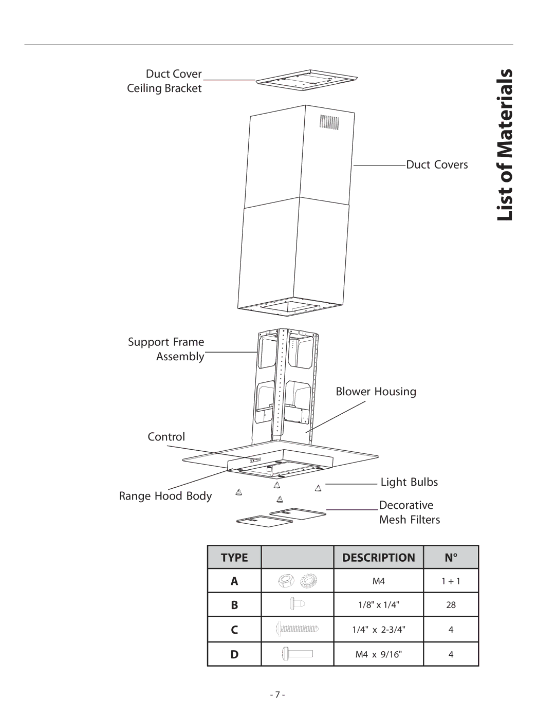 Zephyr ASL-E42ASX, ASL-E48ASX installation instructions List of Materials 