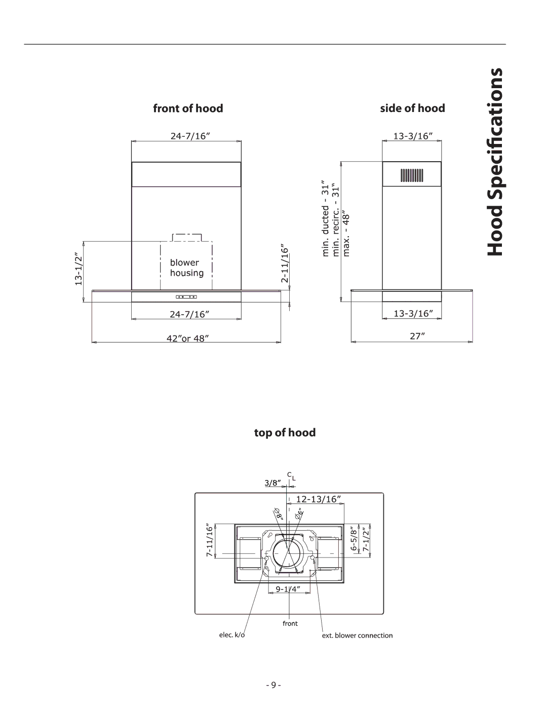 Zephyr ASL-E42ASX, ASL-E48ASX installation instructions Hood Specifications 