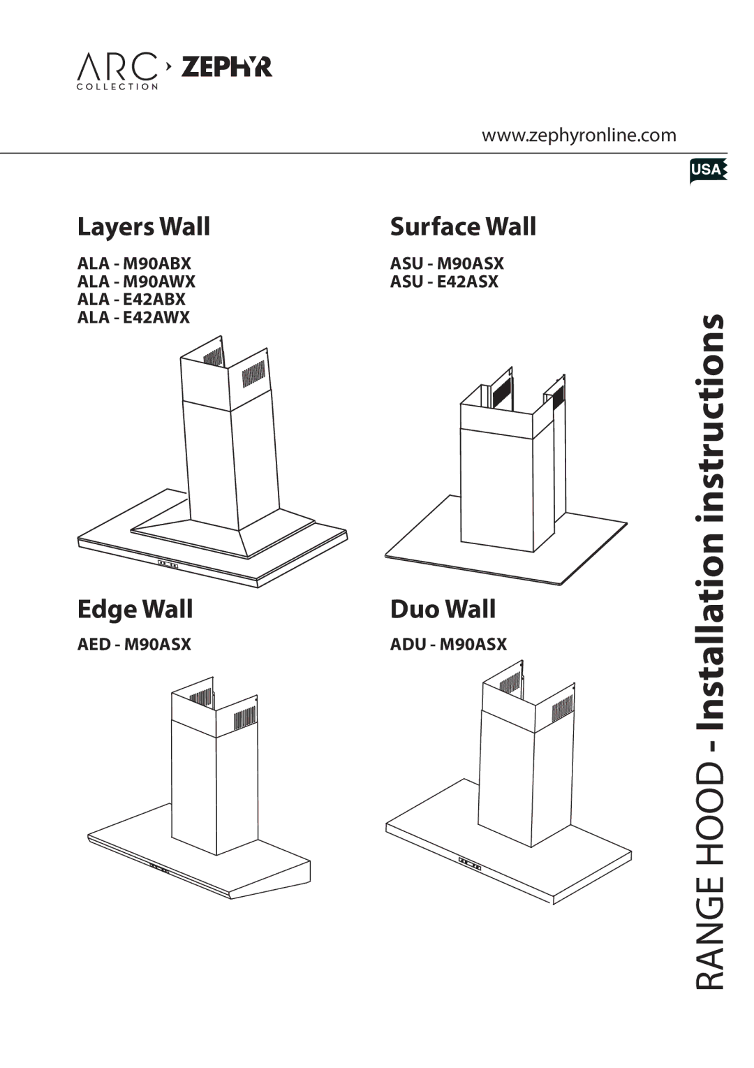 Zephyr ASU - E42ASX, ASU - M90ASX, AED - M90ASX installation instructions Range Hood Installation instructions, AED M90ASX 