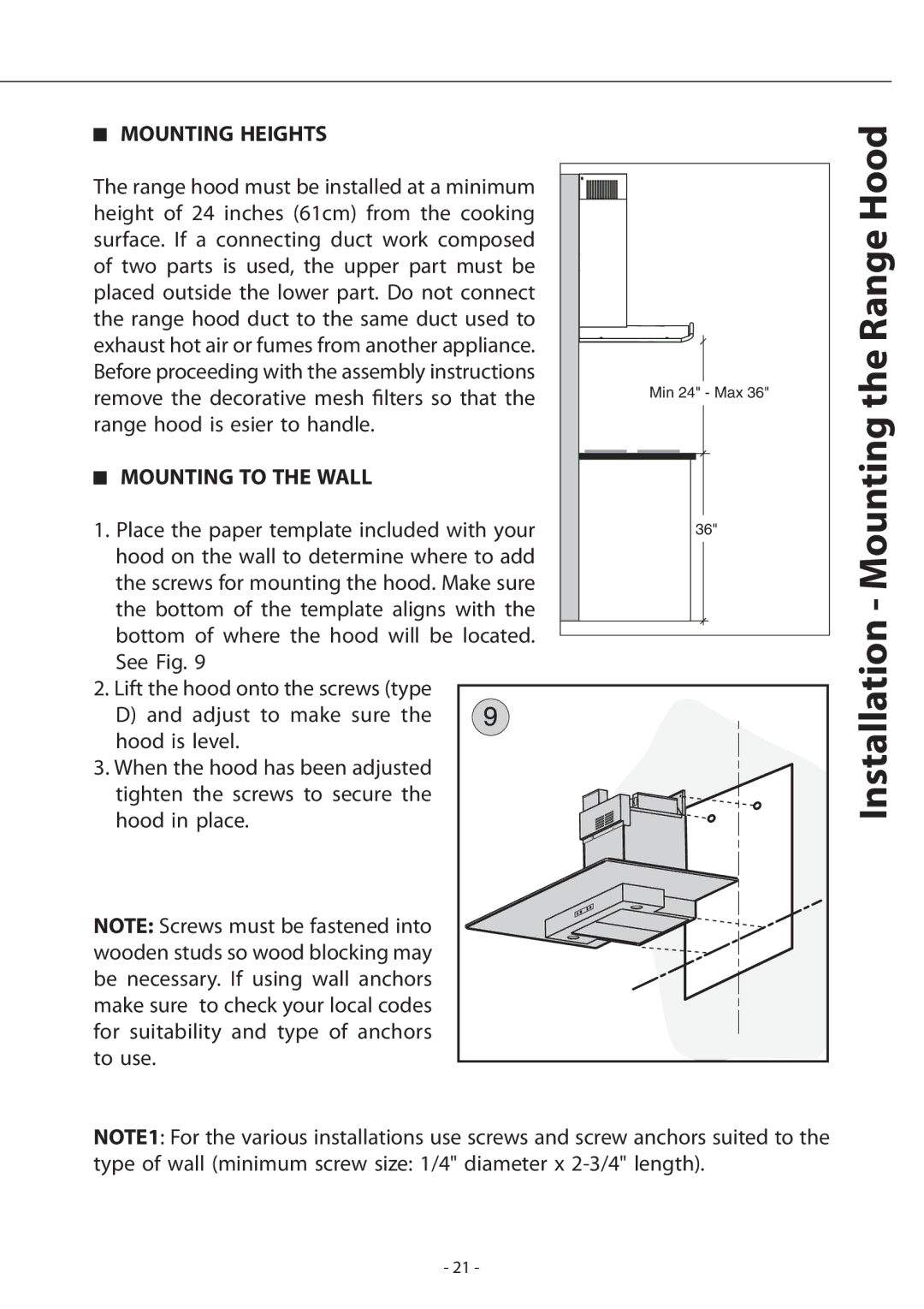 Zephyr ASU - M90ASX, ASU - E42ASX Installation Mounting the Range Hood, Mounting Heights, Mounting to the Wall 