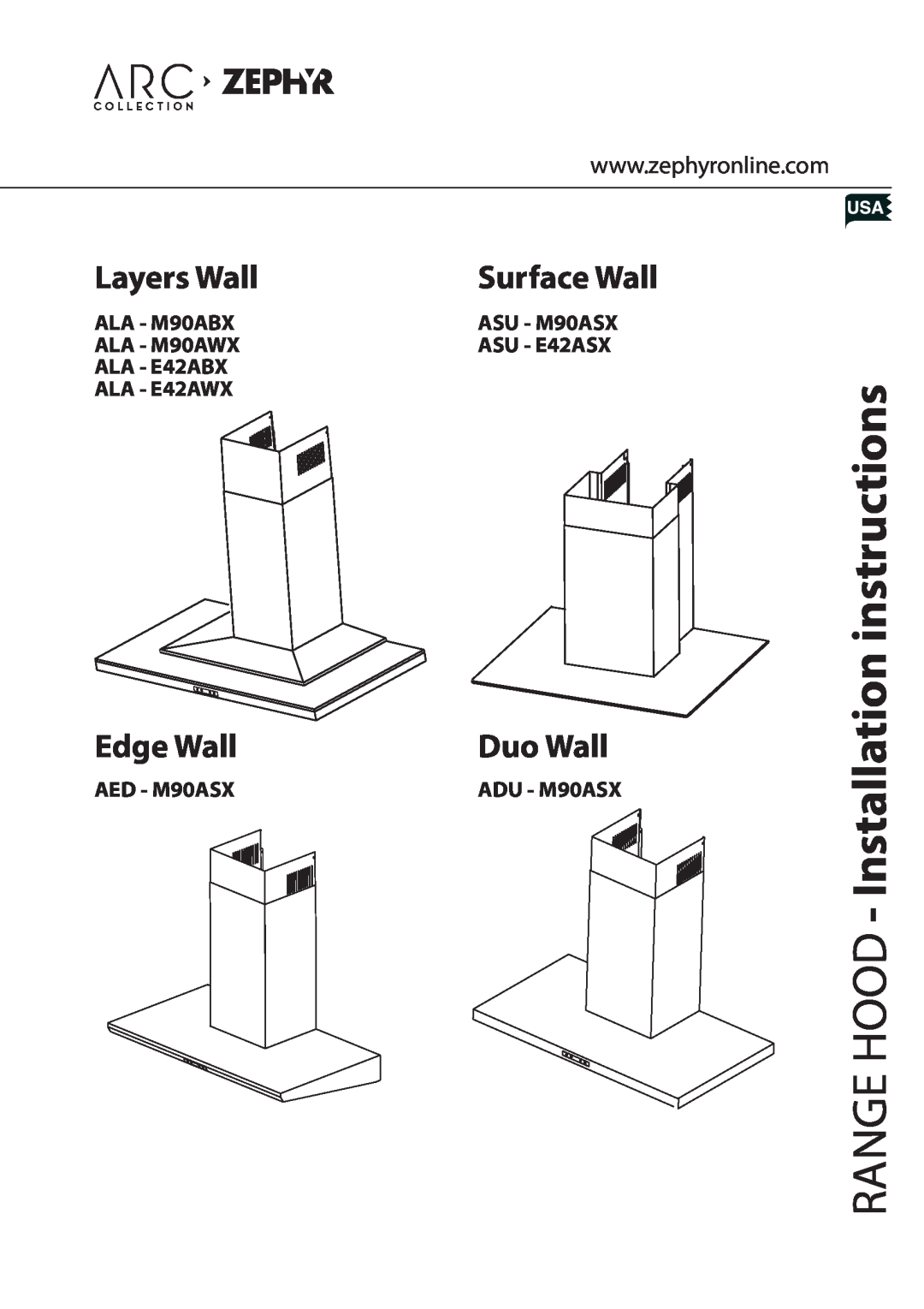 Zephyr ASU - E42ASX installation instructions Layers Wall, Edge Wall, Duo Wall, ALA - M90ABX, ASU - M90ASX, ALA - M90AWX 