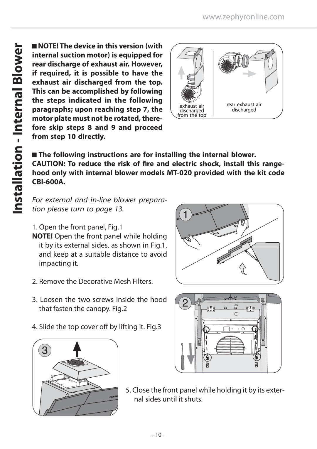 Zephyr ATI-M90ABX, ATI-M90ASX installation instructions Installation Internal Blower 