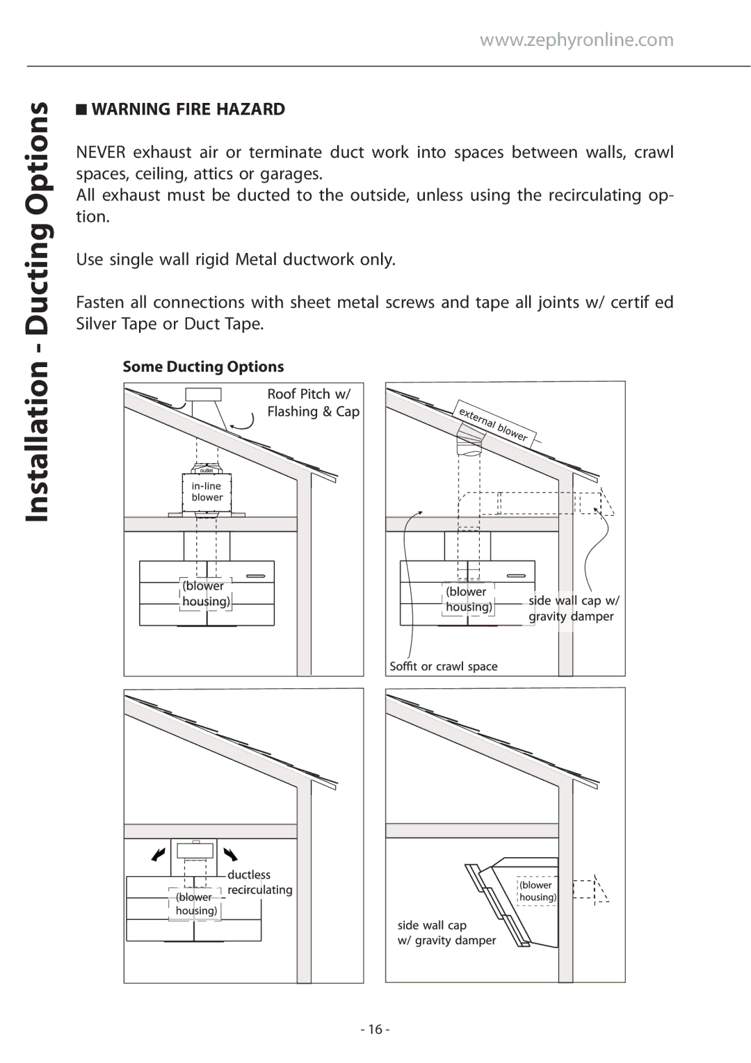 Zephyr ATI-M90ABX, ATI-M90ASX installation instructions Installation Ducting Options 