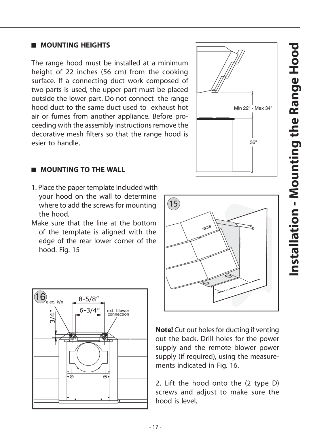 Zephyr ATI-M90ASX, ATI-M90ABX Installation Mounting the Range Hood, Mounting Heights, Mounting to the Wall 