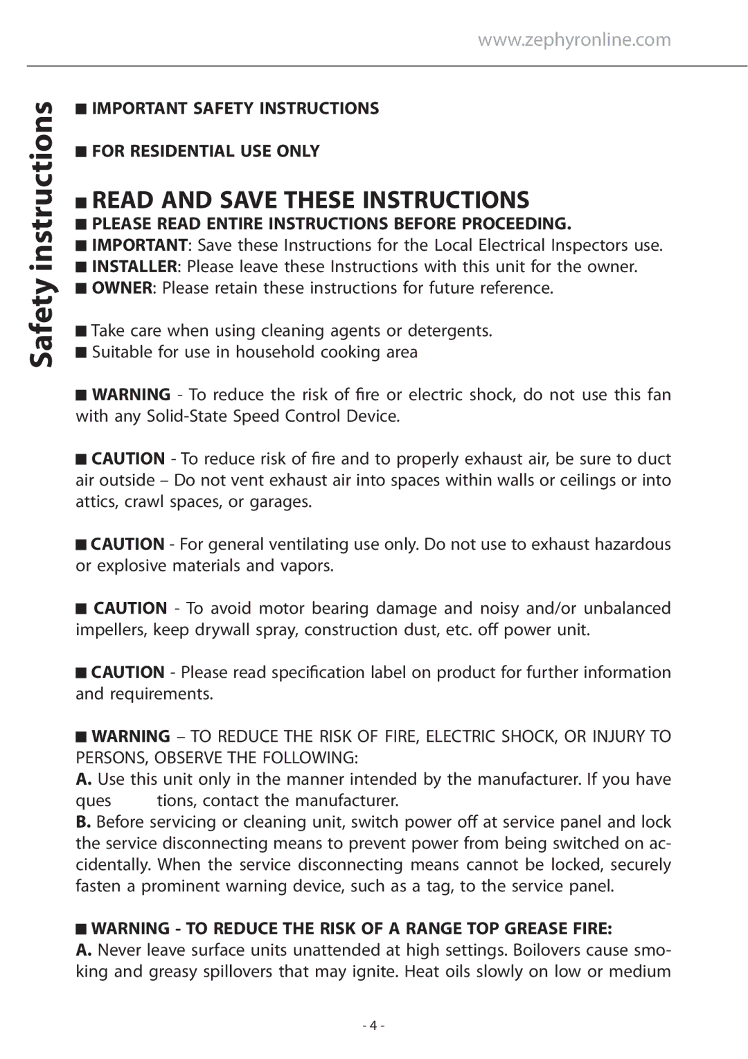 Zephyr ATI-M90ABX, ATI-M90ASX Safety instructions, Important Safety Instructions For Residential USE only 