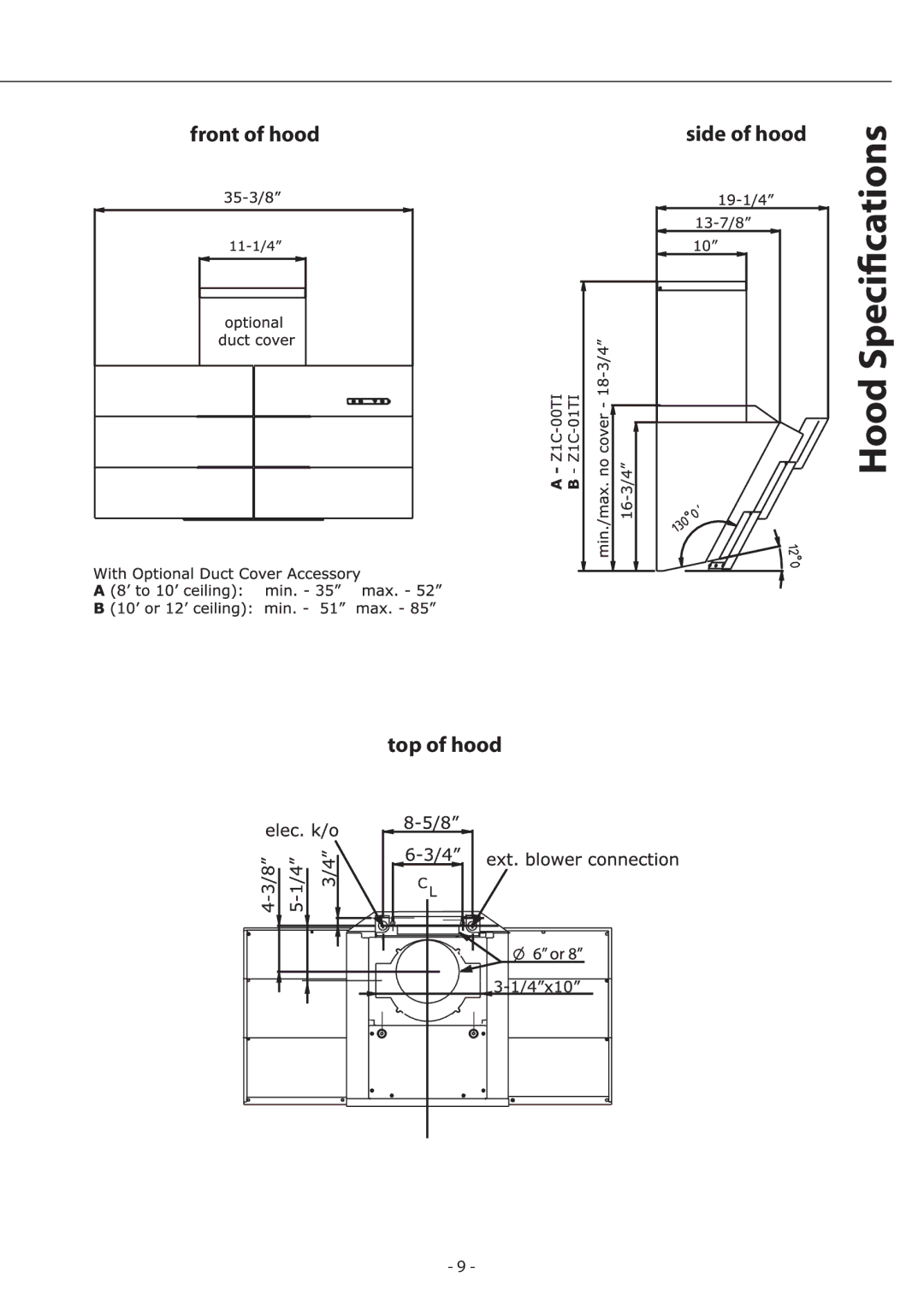 Zephyr ATI-M90ASX, ATI-M90ABX installation instructions SpecifiHoodcations 