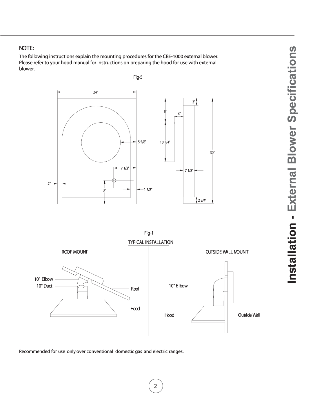 Zephyr CBE-1000 manual External Blower Specifications, Installation 