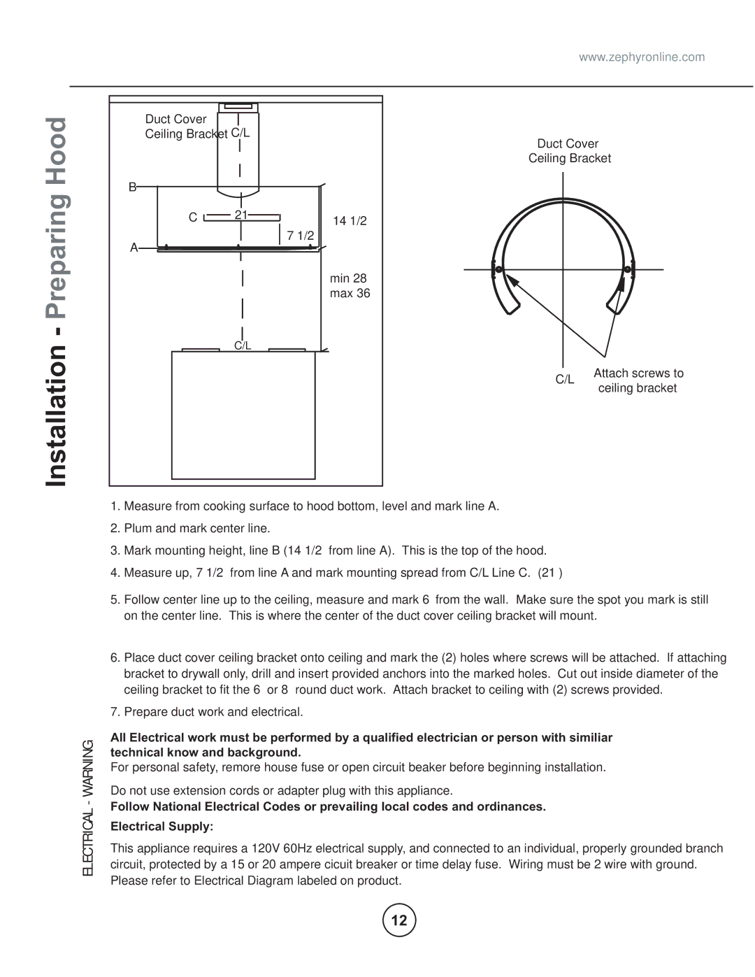 Zephyr COK-E48SX, COK-E36SX, COK-E42SX manual Installation Preparing Hood, Electrical Warning 