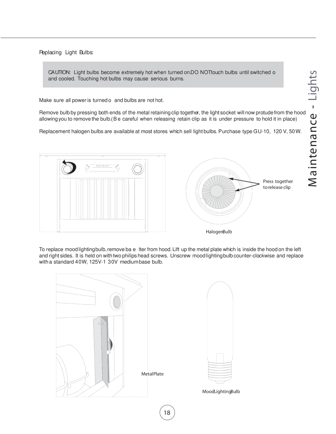 Zephyr COK-E48SX, COK-E36SX, COK-E42SX manual Intena nce Lights, Make sure all power is turned off and bulbs are not hot 