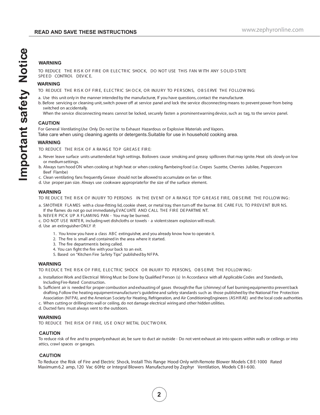 Zephyr COK-E42SX, COK-E36SX, COK-E48SX manual Important safety Notice, Read and Save These Instructions 