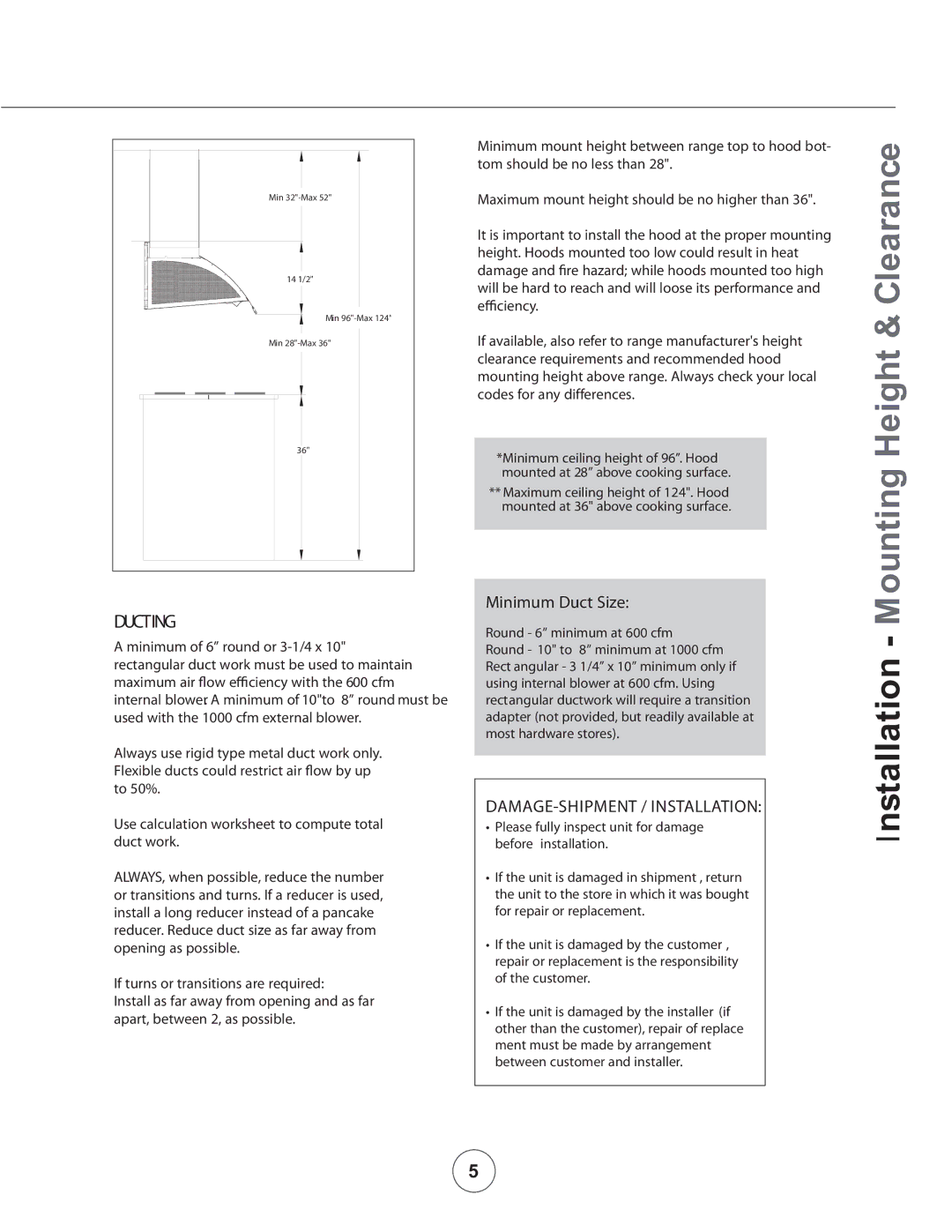 Zephyr COK-E42SX, COK-E36SX, COK-E48SX manual Installation Mounting Height & Clearance, Minimum Duct Size 