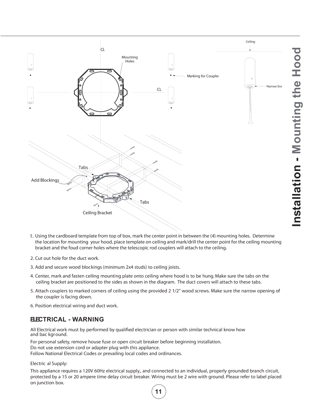 Zephyr CTP-E 48SX, CTP-E 60SX, CTP-E54SX manual Installation Mounting the Hood, Electrical Warning 