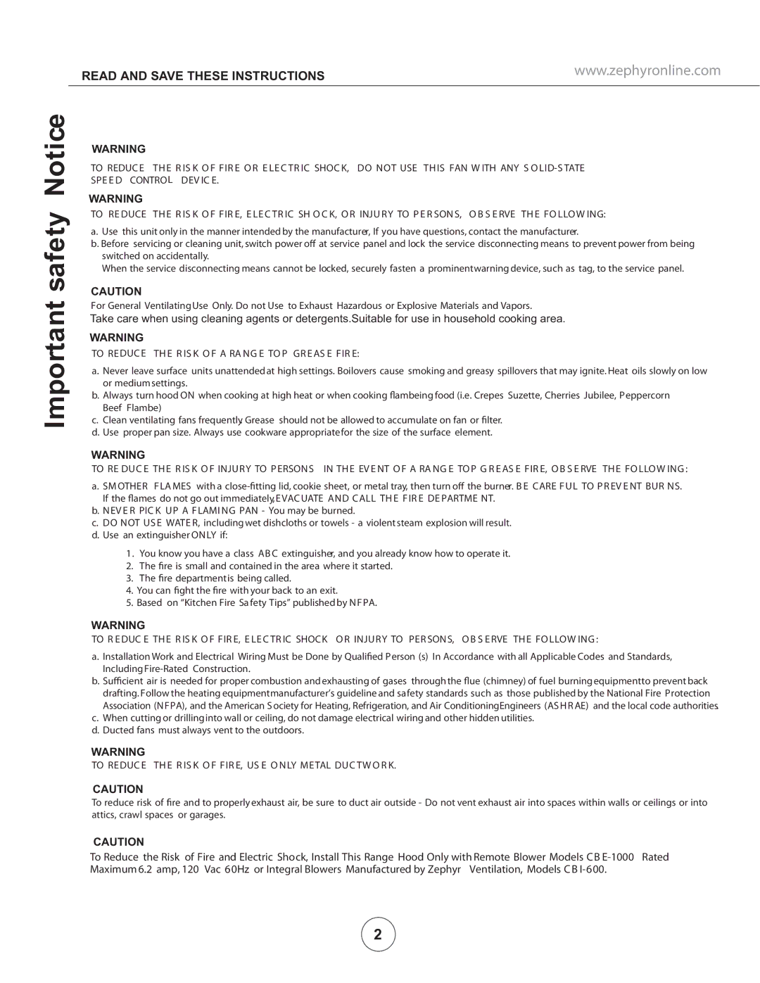 Zephyr CTP-E 48SX, CTP-E 60SX, CTP-E54SX manual Important safety Notice, Read and Save These Instructions 