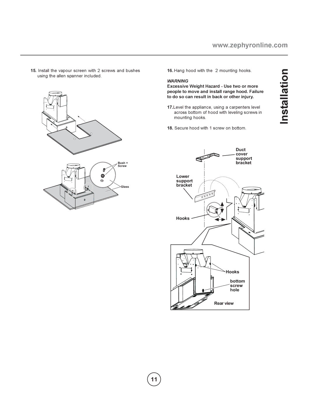 Zephyr EBO-E36ASX, EBO-E42ASX manual Bush + Screw Glass 