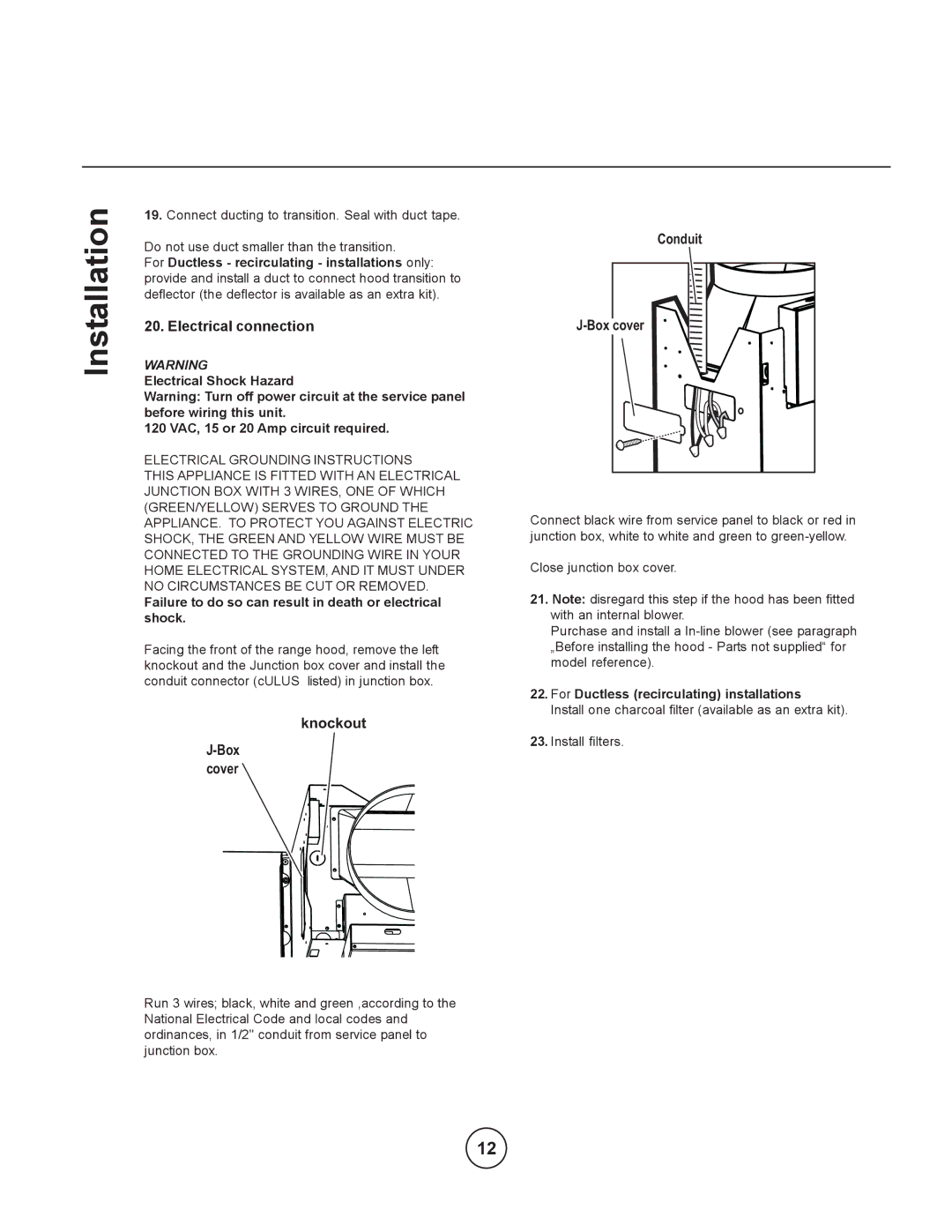 Zephyr EBO-E42ASX, EBO-E36ASX manual Electrical connection, Electrical Grounding Instructions 