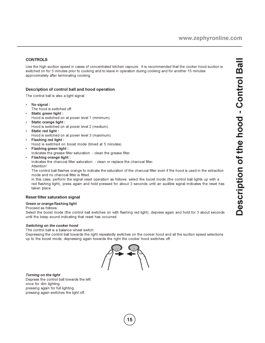 Zephyr EBO-E36ASX manual Description of the hood Control Ball, Controls, Description of control ball and hood operation 