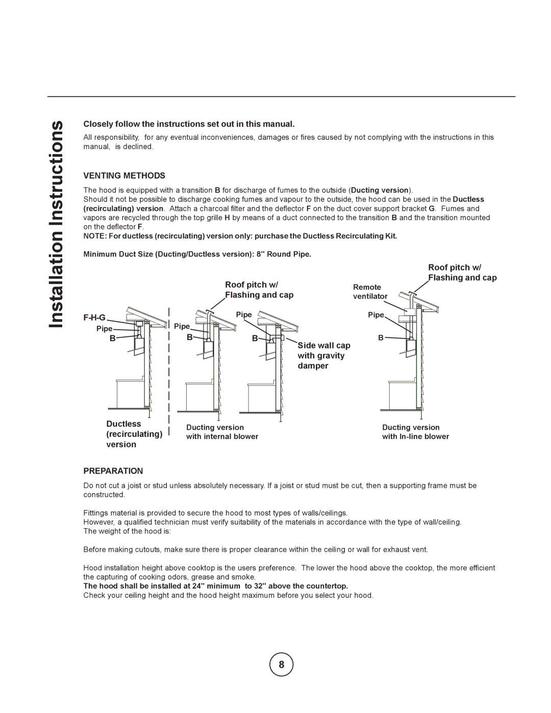 Zephyr EBO-E42ASX, EBO-E36ASX manual Installation Instructions, Venting Methods, Preparation 