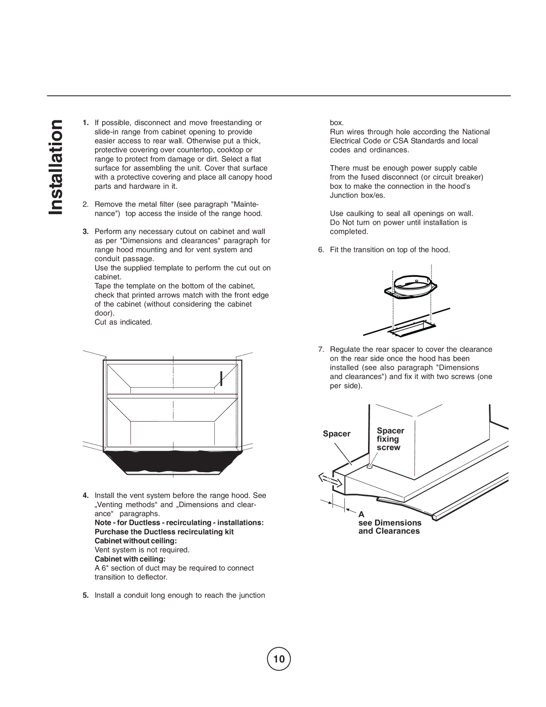 Zephyr EGL-E30AS, EGL-E36AS manual Installation, Cabinet with ceiling 