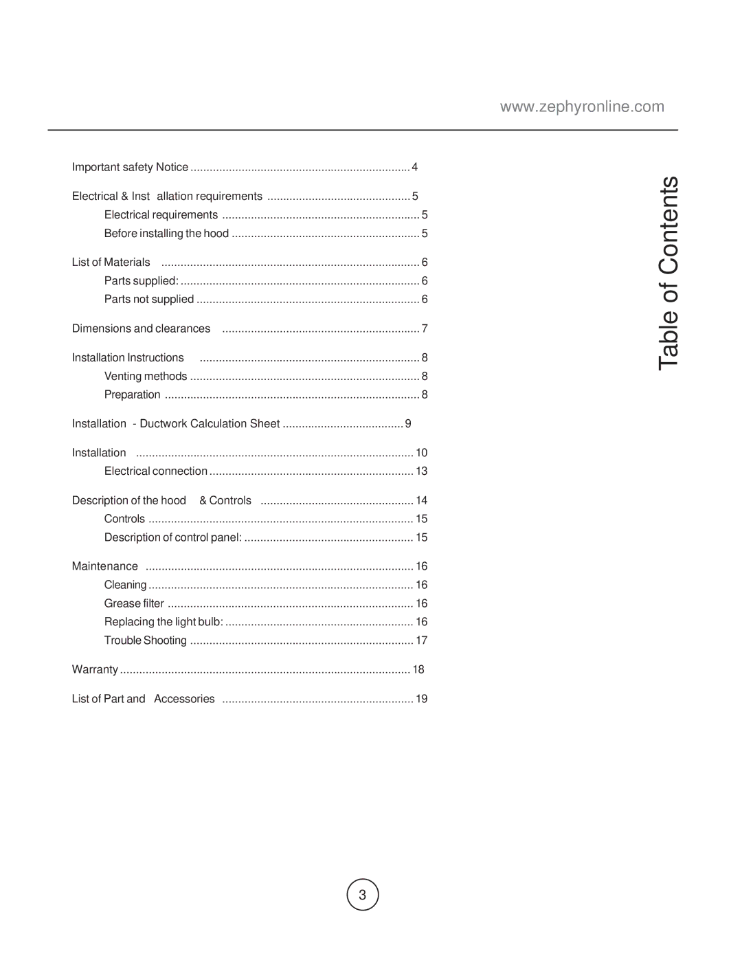 Zephyr EGL-E36AS, EGL-E30AS manual Table of Contents 