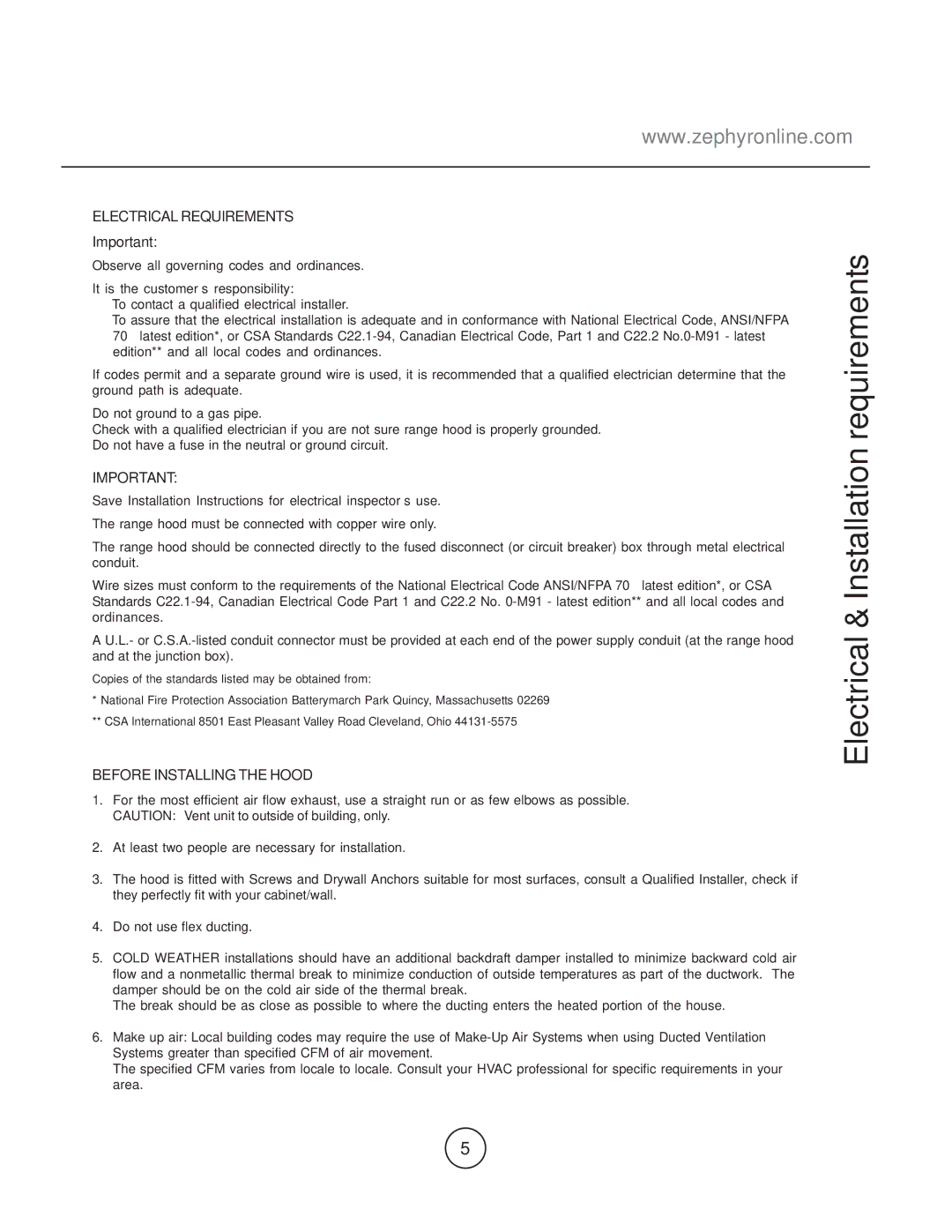 Zephyr EGL-E36AS, EGL-E30AS Electrical & Installation requirements, Electrical Requirements, Before Installing the Hood 