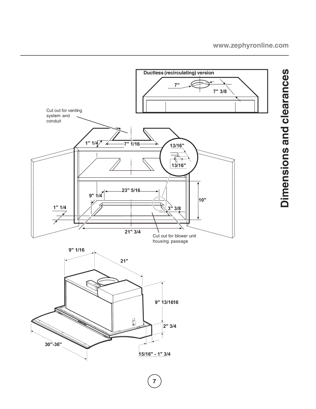 Zephyr EGL-E36AS, EGL-E30AS manual Dimensions and clearances, Ductless recirculating version 3/8 