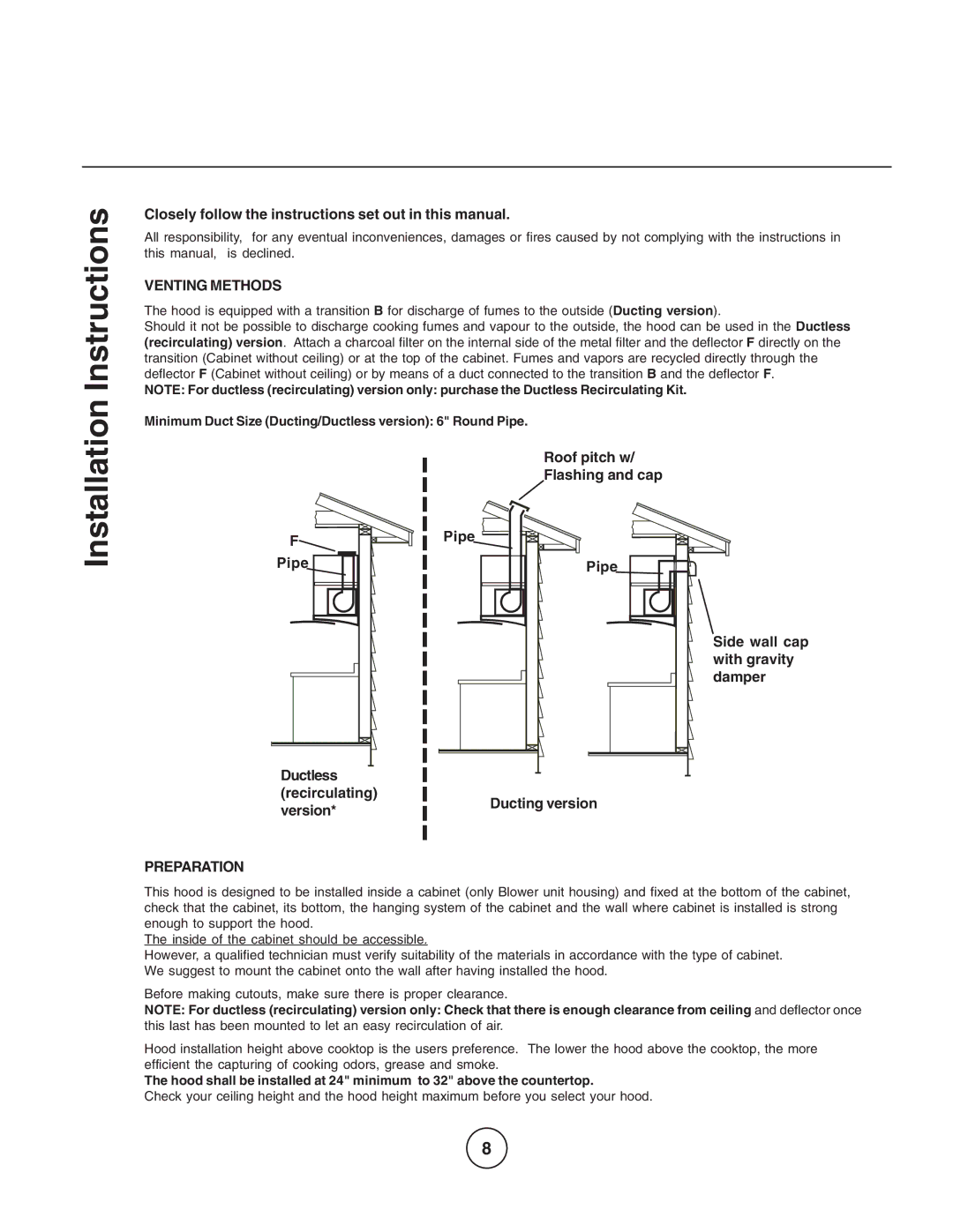 Zephyr EGL-E30AS Installation Instructions, Closely follow the instructions set out in this manual, Venting Methods 