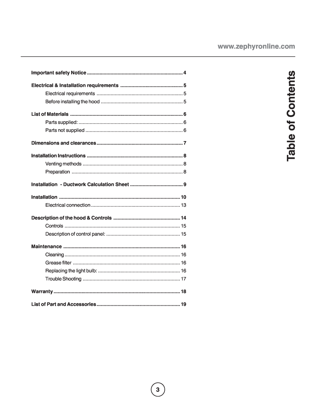 Zephyr EGL-E36AS, EGL-E30AS manual Table of Contents 