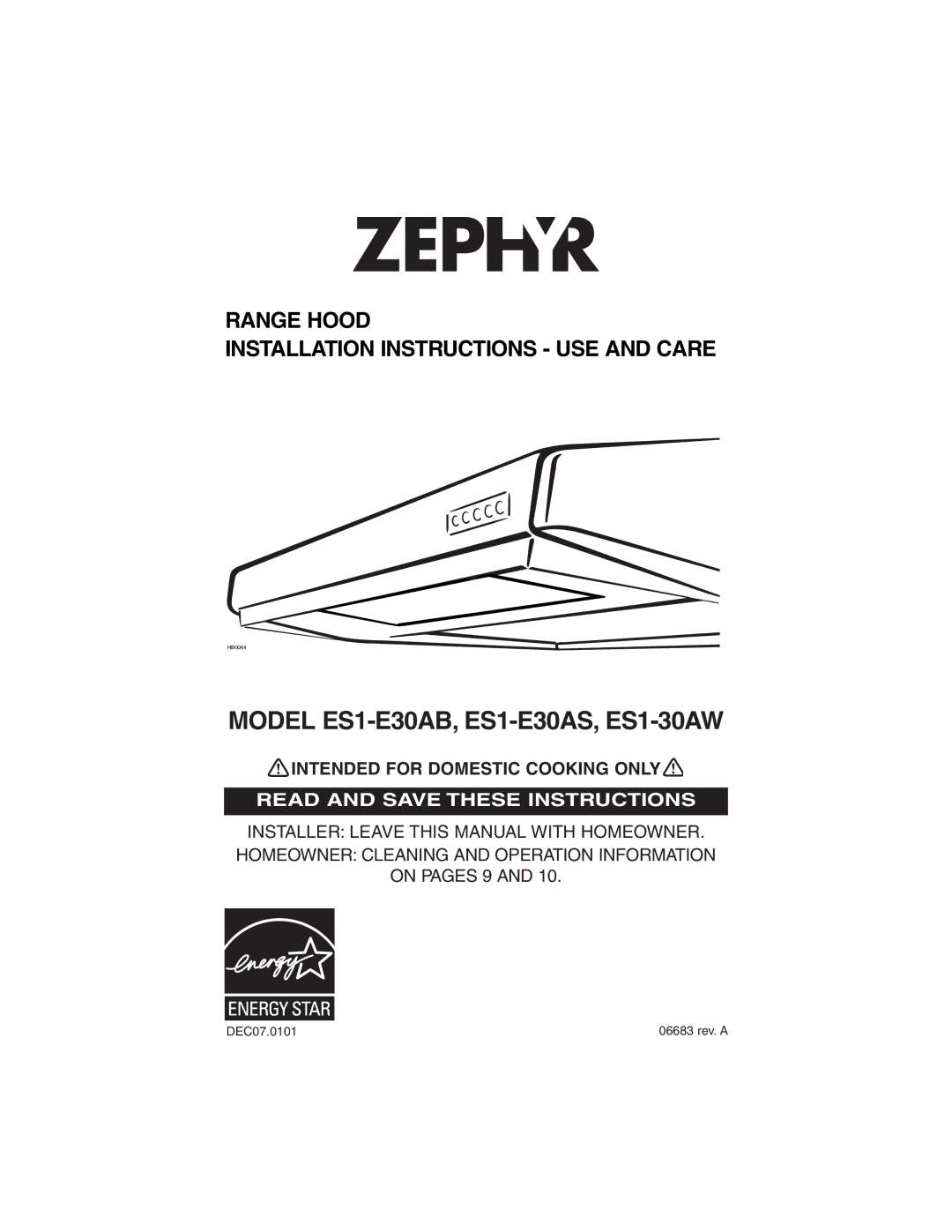 Zephyr installation instructions Model ES1-E30AB, ES1-E30AS, ES1-30AW 