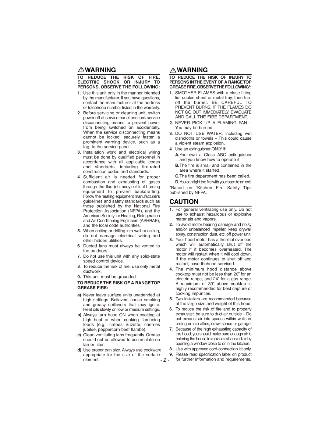 Zephyr ES1-E30AB, ES1-E30AS, ES1-30AW installation instructions To Reduce the Risk of a Range TOP Grease Fire 