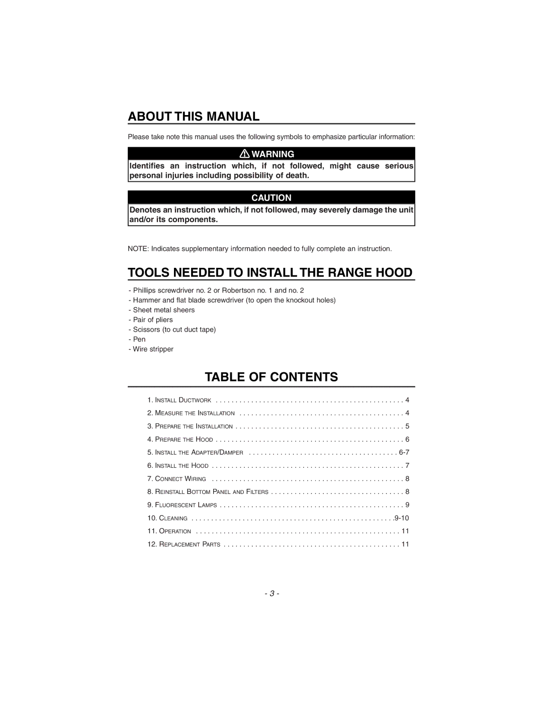 Zephyr ES1-E30AS, ES1-30AW, ES1-E30AB About this Manual, Tools Needed to Install the Range Hood, Table of Contents 