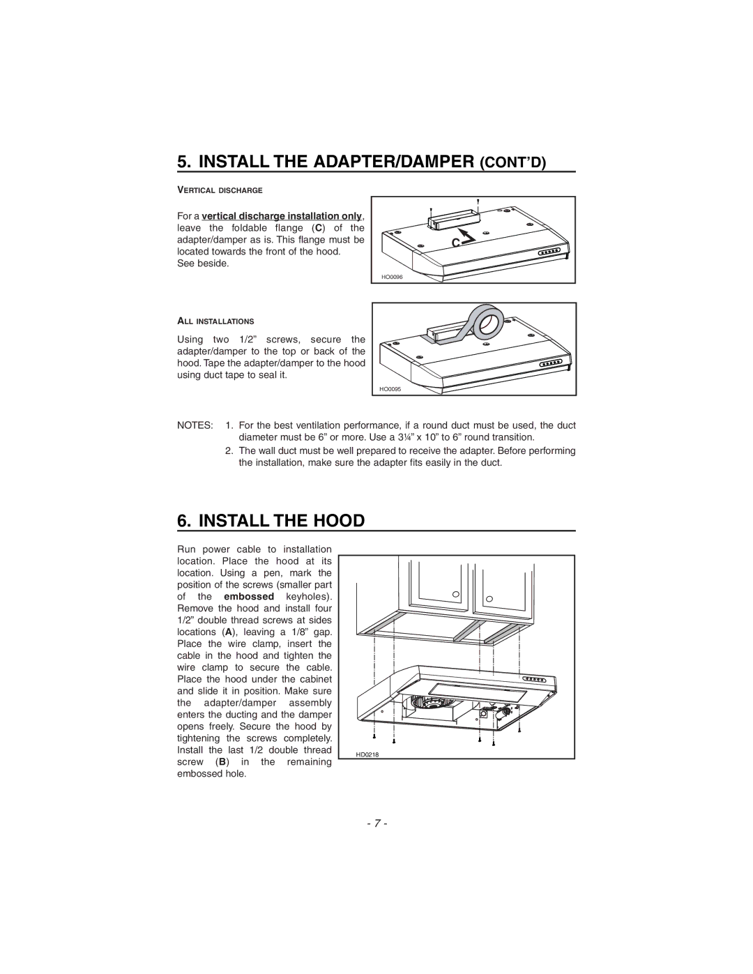 Zephyr ES1-30AW, ES1-E30AS, ES1-E30AB installation instructions Install the ADAPTER/DAMPER CONT’D, Install the Hood 