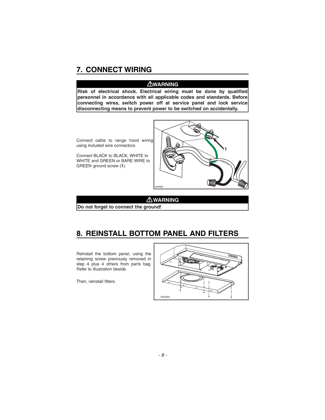 Zephyr ES1-E30AB, ES1-E30AS, ES1-30AW installation instructions Connect Wiring, Reinstall Bottom Panel and Filters 