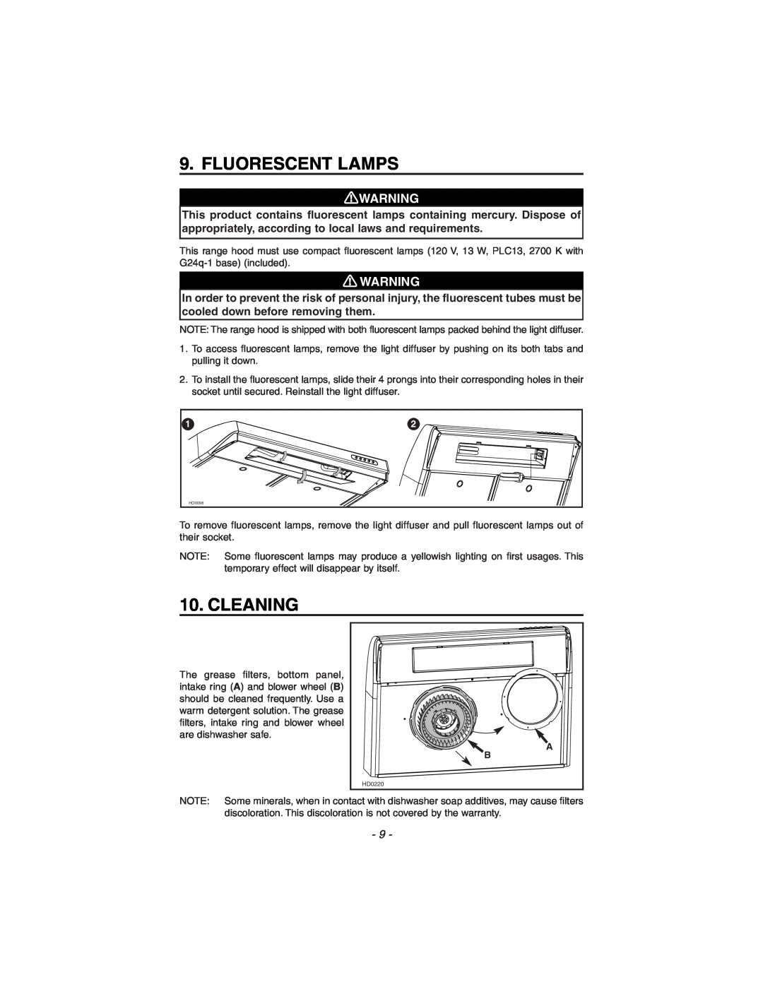 Zephyr ES1-E30AS, ES1-30AW, ES1-E30AB installation instructions Fluorescent Lamps, Cleaning 