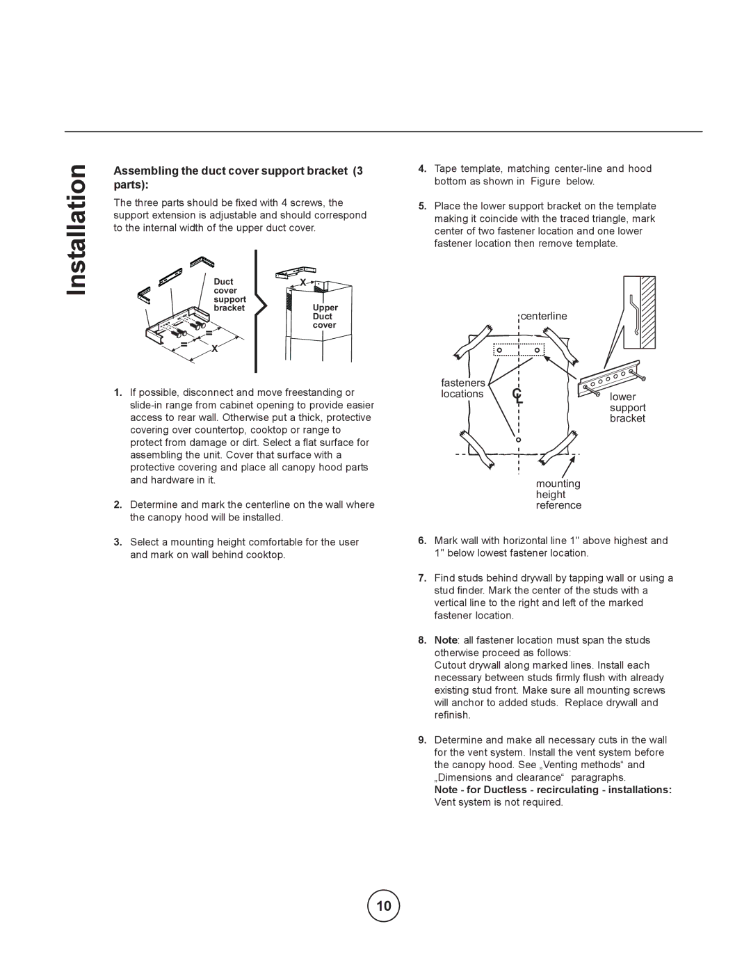 Zephyr ESL-M90AS manual Installation, Assembling the duct cover support bracket 3 parts 