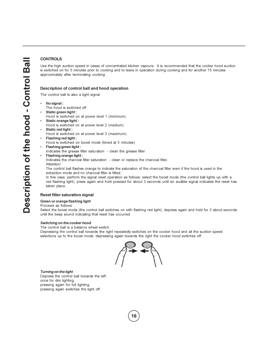 Zephyr ESL-M90AS manual Description of the hood Control Ball, Controls, Description of control ball and hood operation 